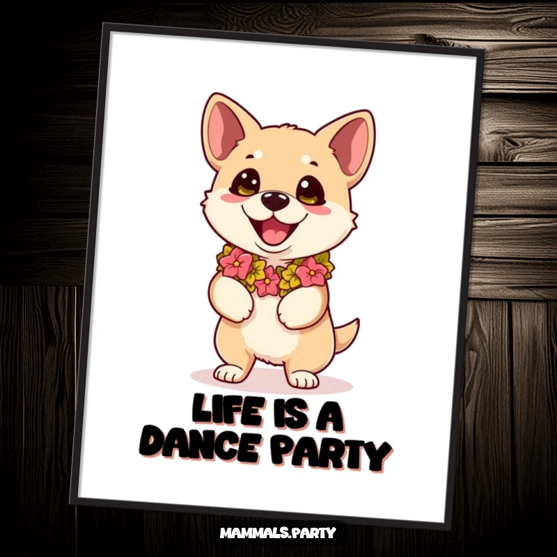 Funny Free Printable Wall Art: A Kawaii dog wearing a lei has comically wide eyes, ready to start dancing.
