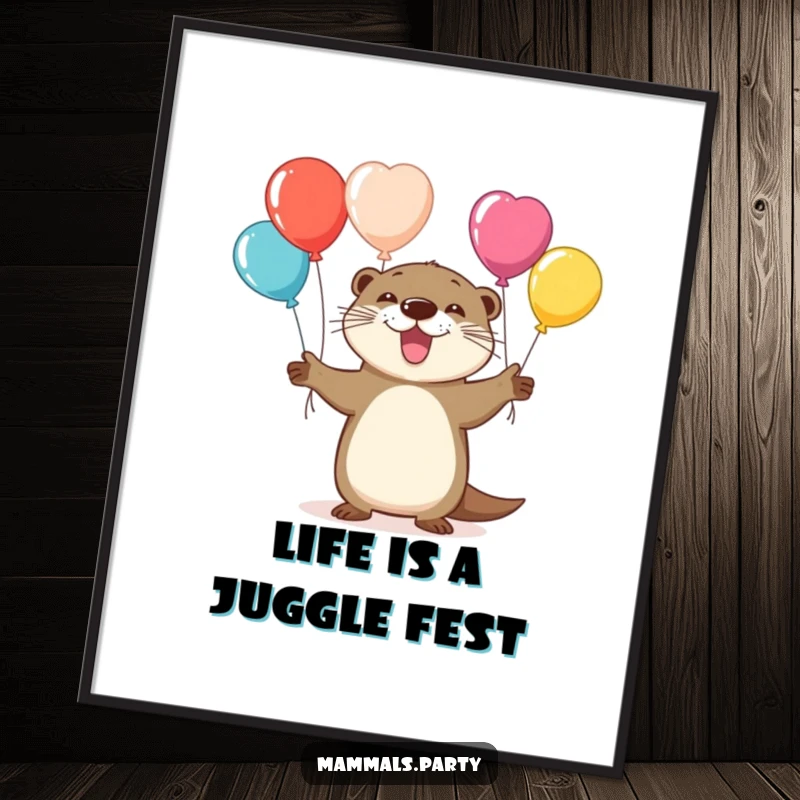 Funny Free Printable Wall Art: A playful otter character expertly juggling a cascade of colorful balloons, radiating joy and fun.