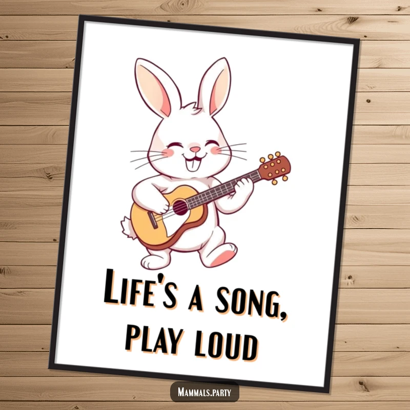 Funny Free Printable Wall Art: A cheerful rabbit with a big grin, expertly strumming a tiny guitar.