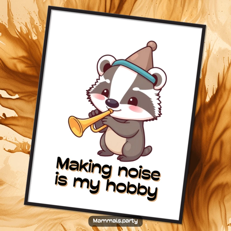 Funny Free Printable Wall Art: Smiling badger in a silly hat plays a trumpet, bringing a lively and humorous musical vibe.