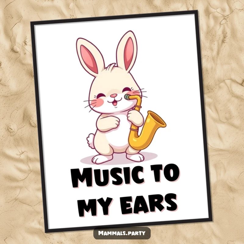Funny Free Printable Wall Art: A cheerful rabbit skillfully playing a tiny saxophone, creating a lively and humorous musical scene.