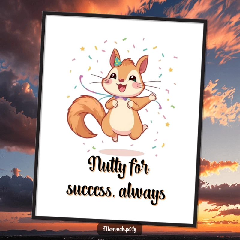 Funny Free Printable Wall Art: A squirrel covered in streamers joyfully jumps and scatters confetti everywhere.