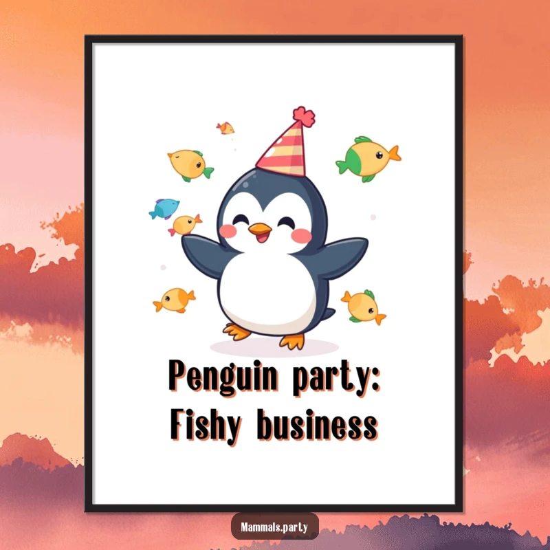 Funny Free Printable Penguin Wall Art, a cheerful penguin in a party hat juggling colorful fish, whimsical and festive.