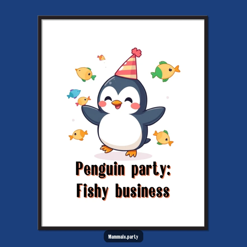 Free Printable Penguin Art: Juggling Fish Fiesta, Whimsical Party Decor, Funny Downloadable Gift