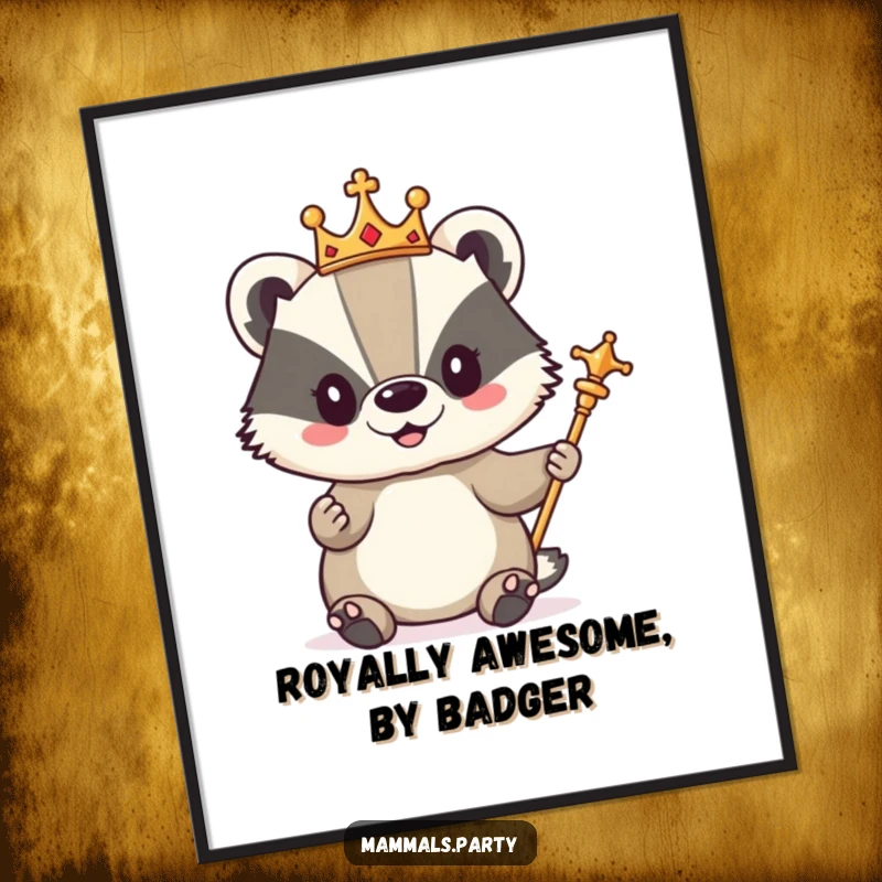 Funny Free Printable Wall Art: A cute badger wearing a tiny crown and holding a scepter, presiding with a humorous, regal air.