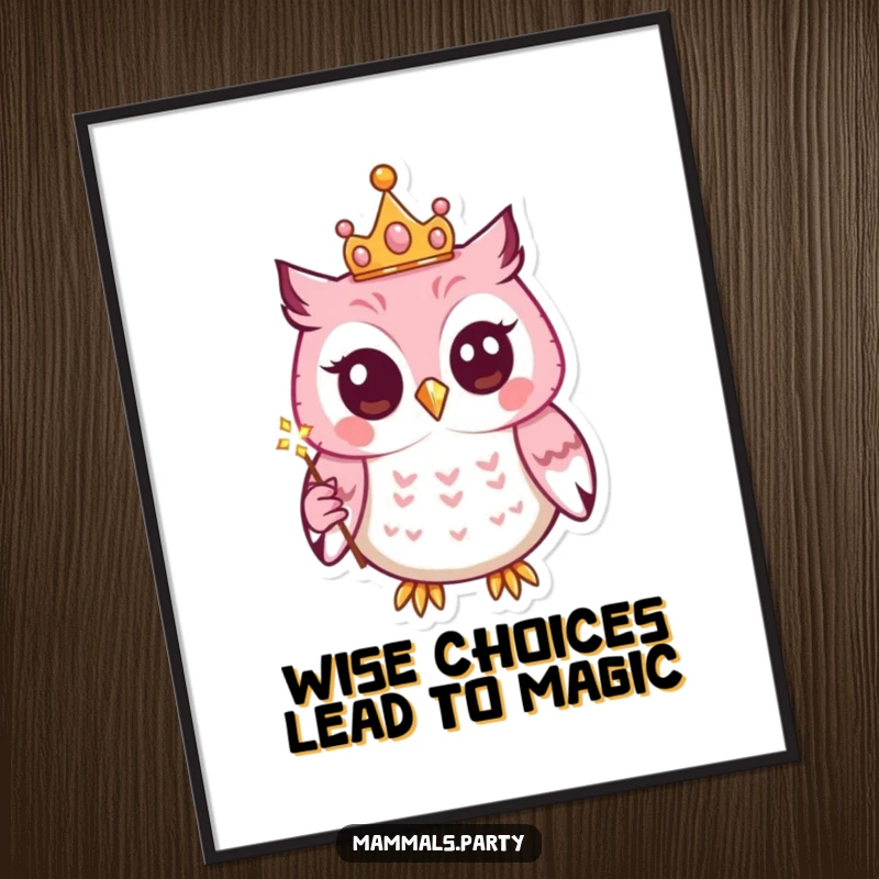Funny Free Printable Wall Art: a cute kawaii owl wearing a crown and holding a sparkling wand, radiating enchantment.