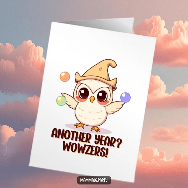 Funny Free Printable Birthday Card: A curious owl in a silly hat skillfully juggles glowing orbs, adding magic to the celebration.