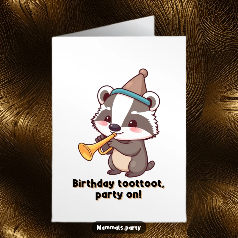 Funny Free Printable Birthday Card: Smiling badger in a silly hat plays a trumpet, announcing birthday joy with loud cheer.
