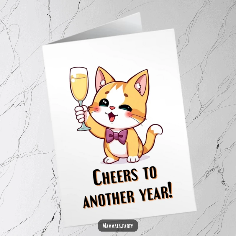 Funny Free Printable Birthday Card: A dapper cat in a bow tie, raising a champagne glass with excitement.