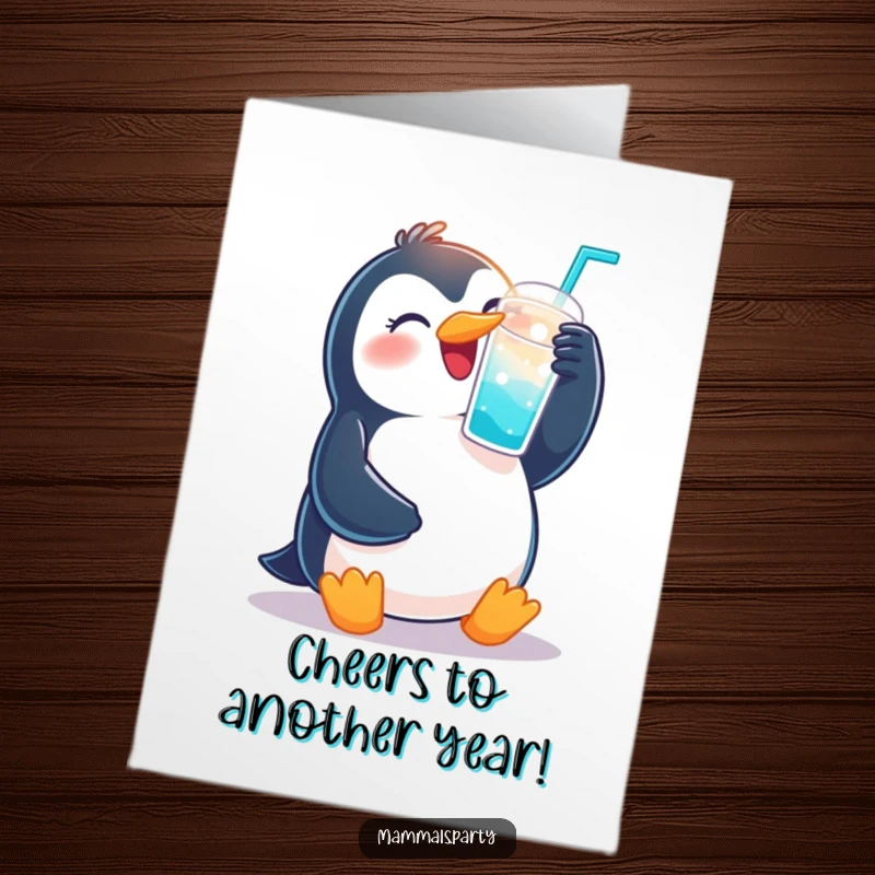 Funny Free Printable Birthday Card: Joyous penguin with fizzy drink cup raised, celebrating a birthday with cheerful energy.