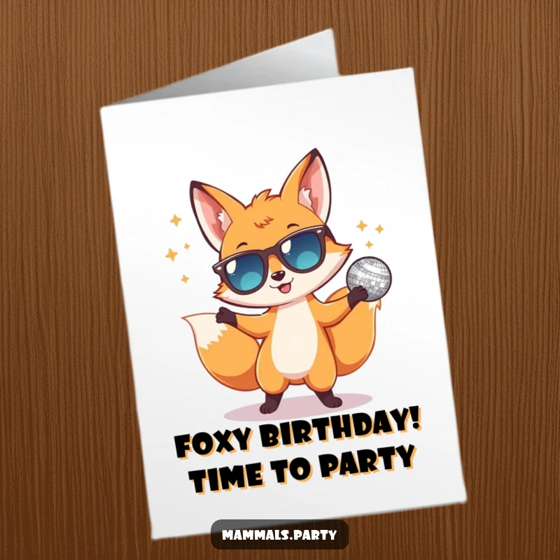 Funny Free Printable Birthday Card: Happy fox in tiny sunglasses dancing with disco ball, radiating party vibes.