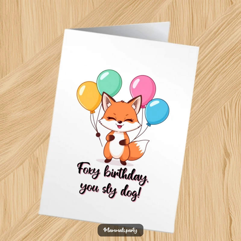 Funny Free Printable Birthday Card: A sly kawaii fox with a grin juggles colorful balloons, ready for a playful celebration.