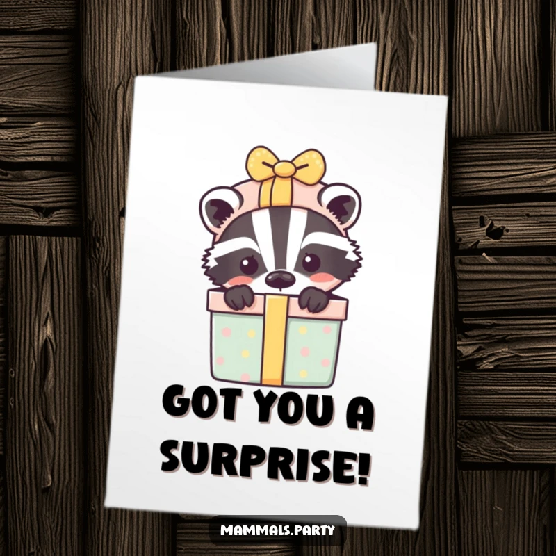 Funny Free Printable Birthday Card: Playful badger cheekily peeks from behind a mountain of overflowing gift boxes, ready for fun.