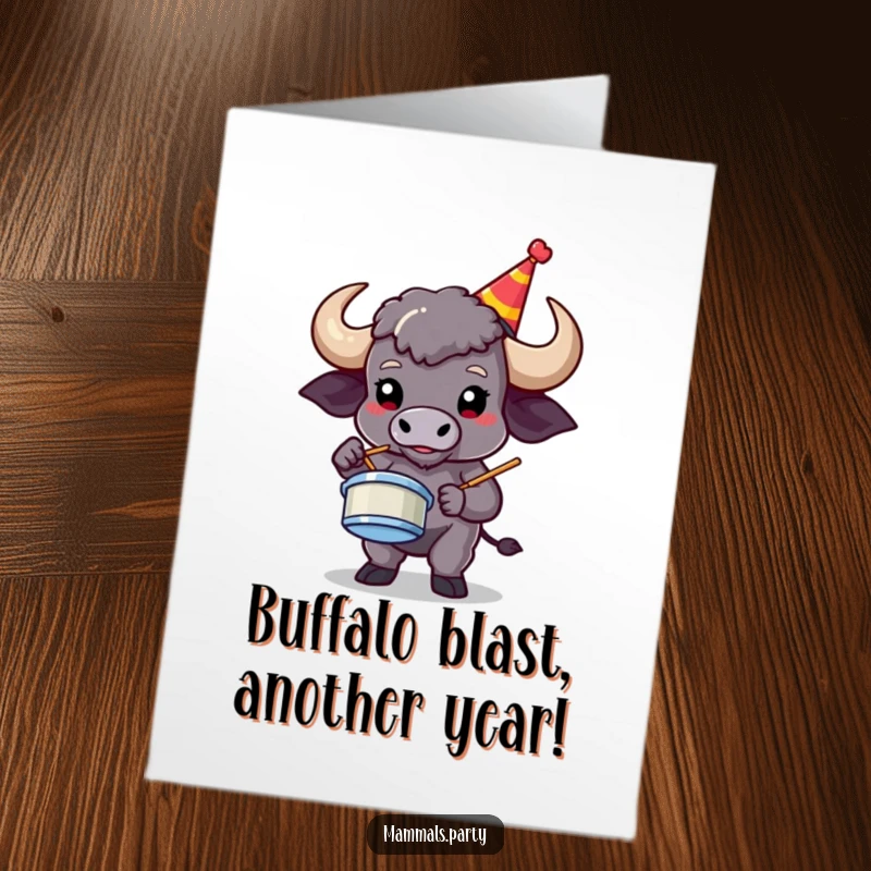Funny Free Printable Birthday Card: Proud buffalo in party hat playing epic air drums, celebrating a birthday with downloadable rock vibes.