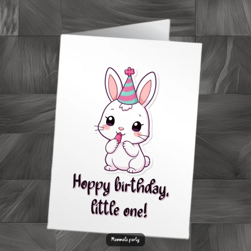 Funny Free Printable Birthday Card: A kawaii bunny in a tiny party hat struggles comically to blow a party noisemaker.
