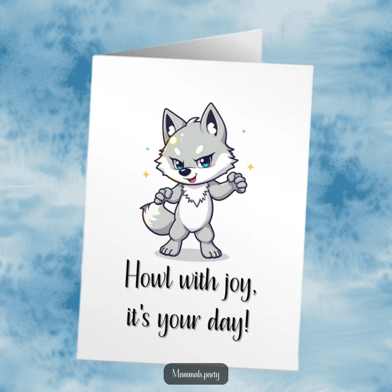 Funny free printable birthday card featuring a determined wolf character disco dancing wildly with a shiny disco ball, ready for printing.