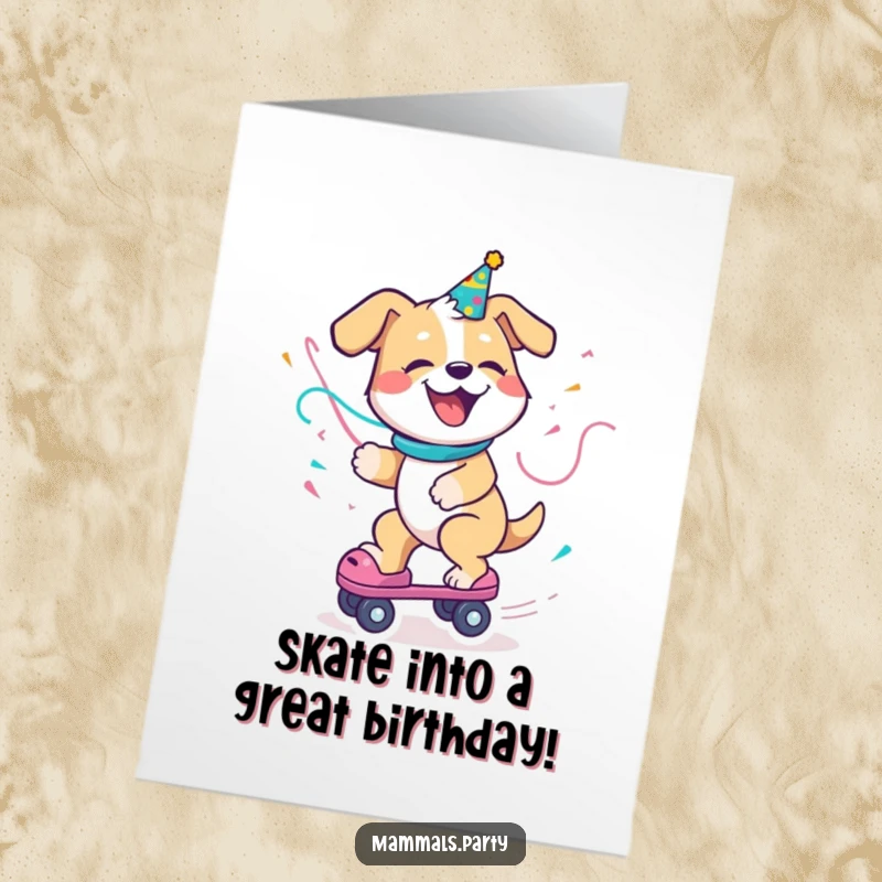 Funny Free Printable Birthday Card: A delighted dog with a party streamer, skillfully riding a roller skate.