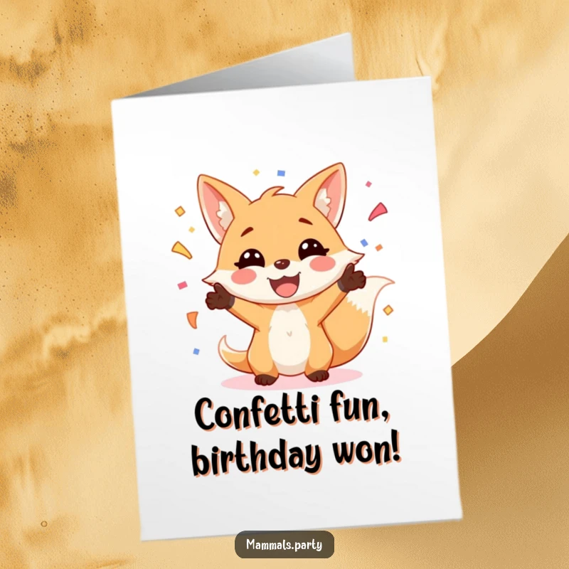 Funny Free Printable Birthday Card featuring a smiling fox enthusiastically juggling colorful confetti with glee.