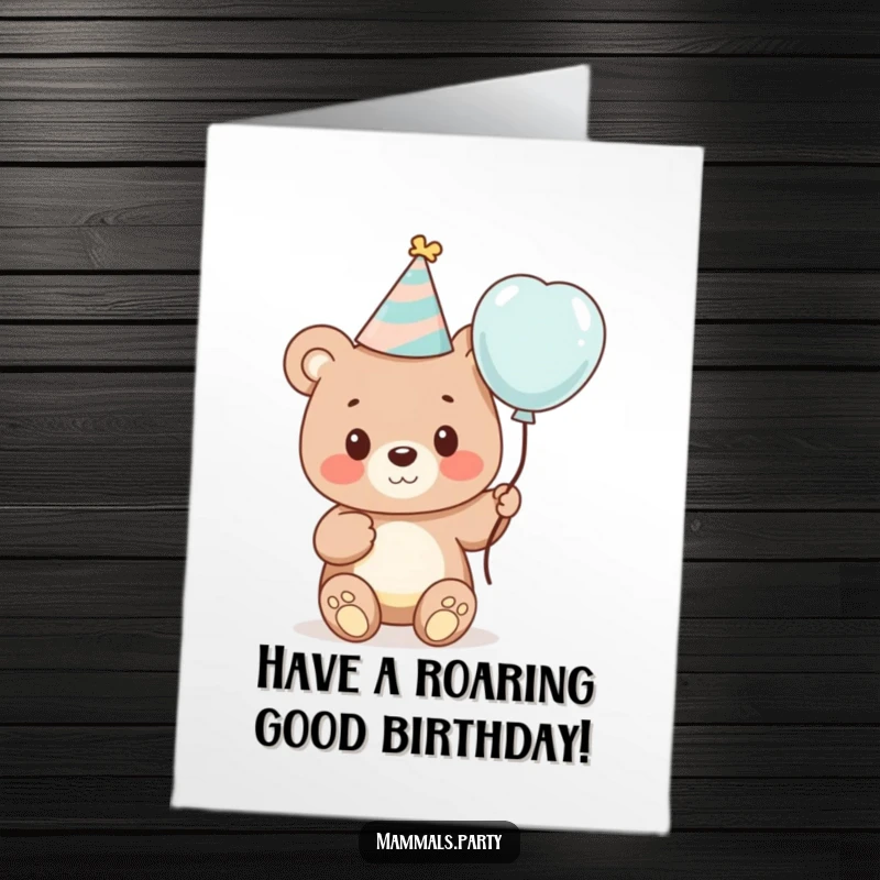 Funny Free Printable Birthday Card: A cute bear cub sports a party hat and holds a colorful balloon, ready to celebrate.