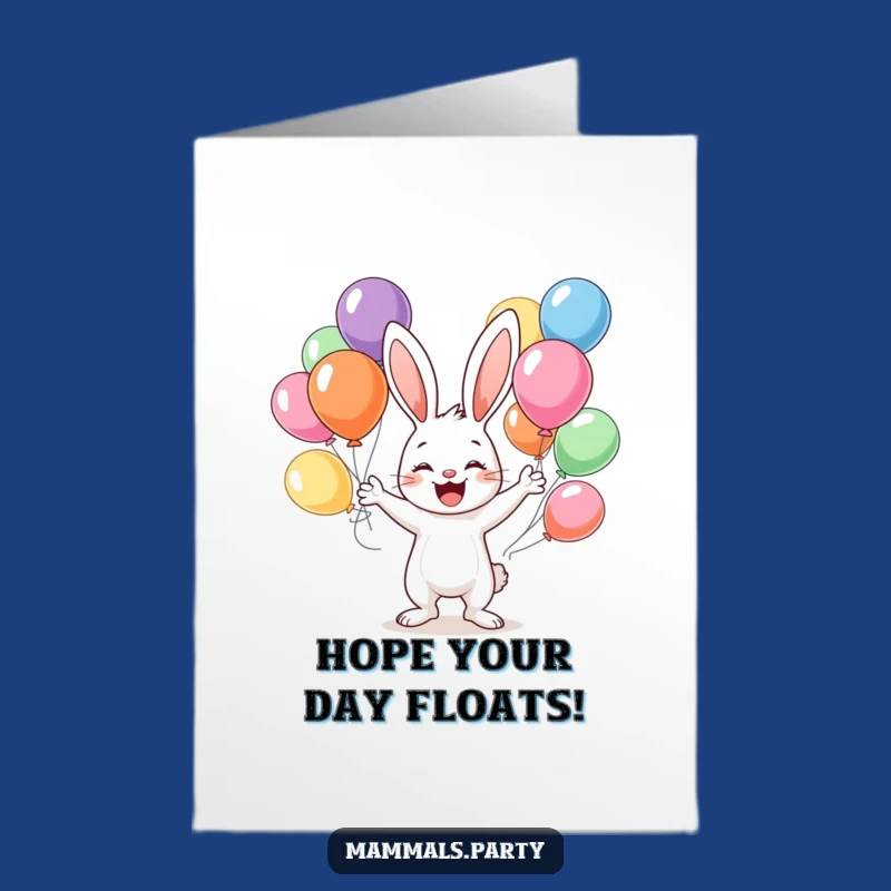 Free Printable Birthday Card: Joyful Bunny Juggling Balloons! Fun Downloadable Gift.