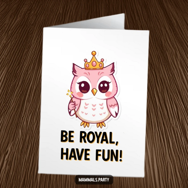Funny Free Printable Birthday Card: a kawaii owl with a small crown holds a sparkling wand, casting birthday spells.