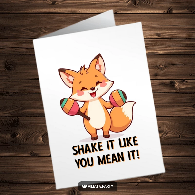 Funny Free Printable Birthday Card of a fox doing a silly dance with huge maracas, radiating party vibes.