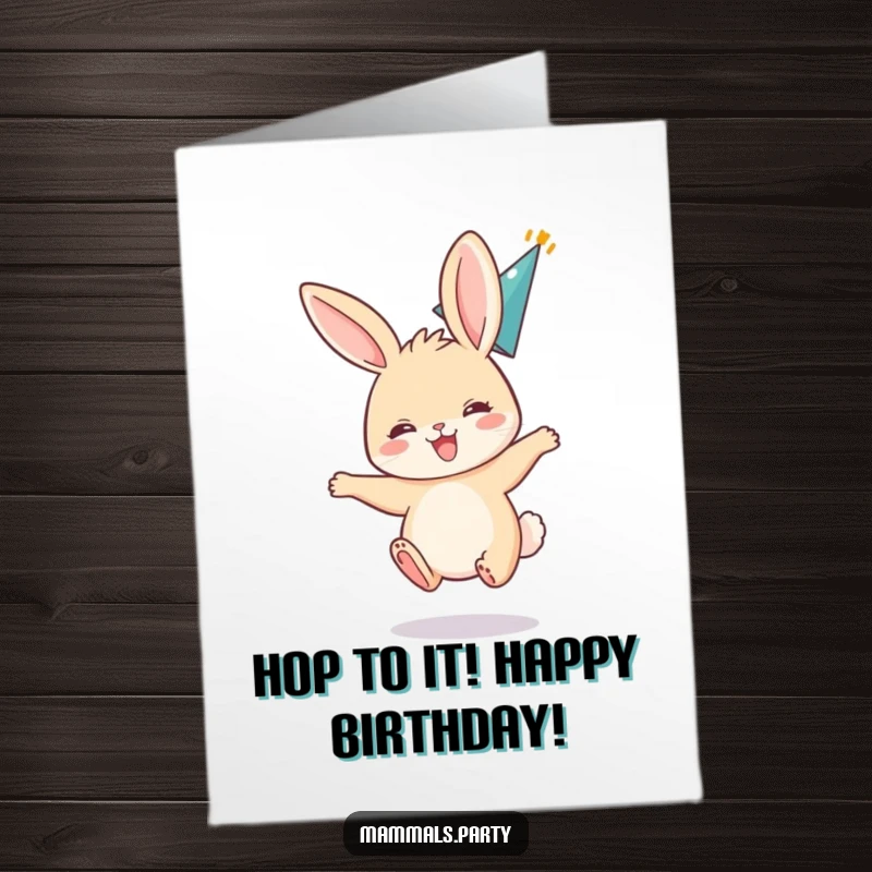 Funny Free Printable Birthday Card showing a small bunny bouncing excitedly with ears flopped back, holding a party hat, download today.