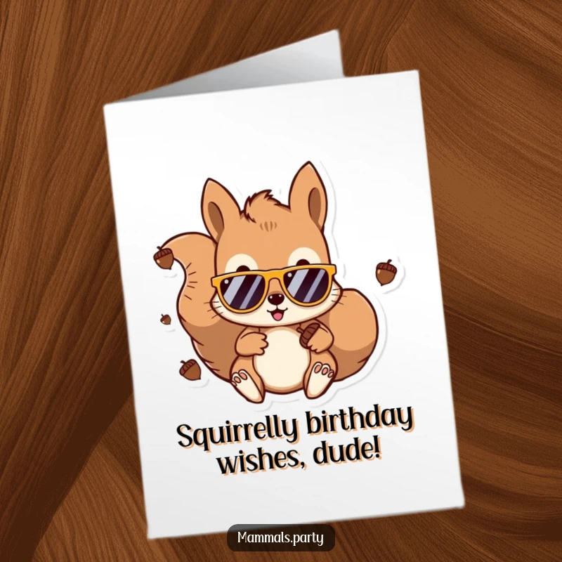 Funny free printable birthday card featuring a kawaii squirrel DJ in sunglasses, mixing tunes with acorns, ready to party.