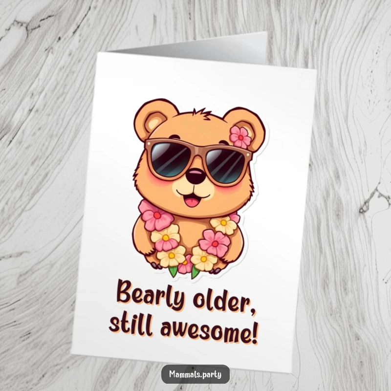 Funny Free Printable Birthday Card: Curious bear in huge sunglasses and lei, ready for a party, downloadable.