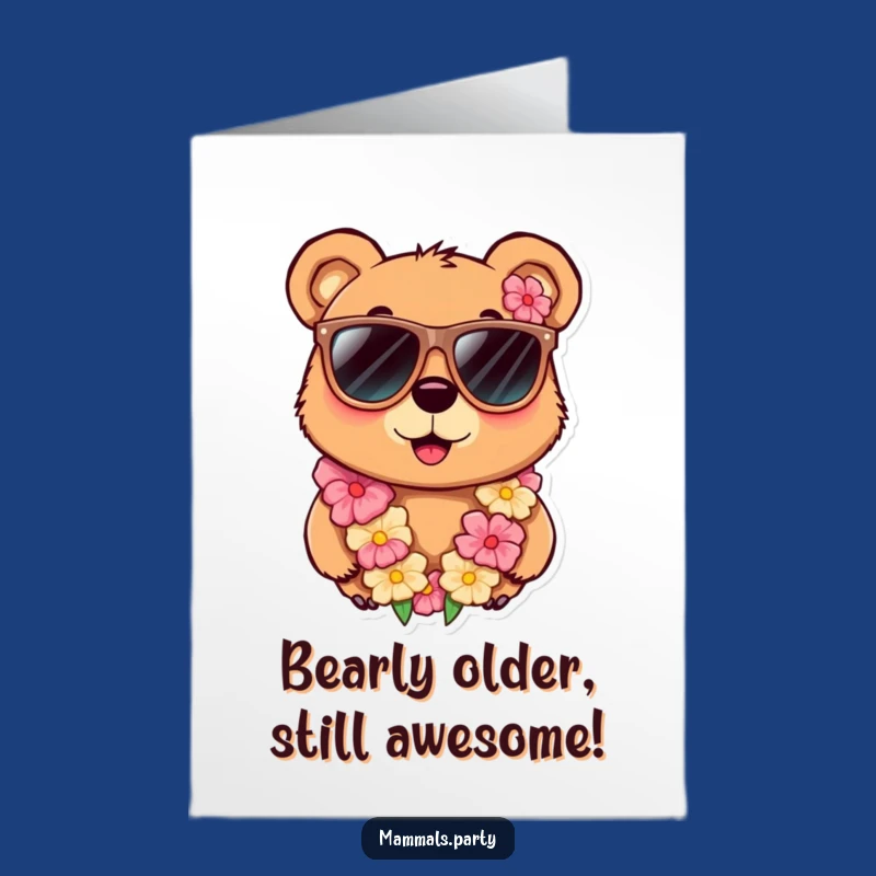 Free Printable Funny Bear Birthday Card: Hilarious Sunglasses & Lei Bear Downloadable Gift