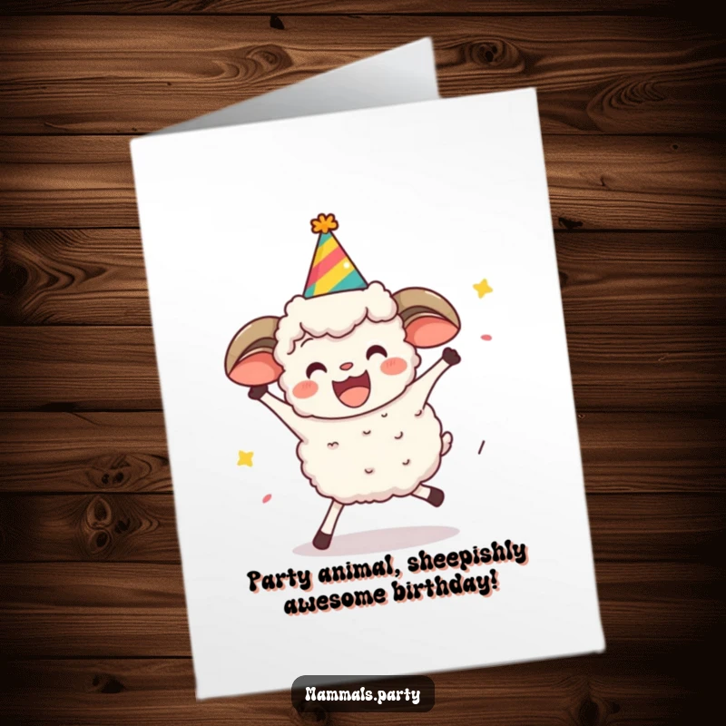 Funny Free Printable Birthday Card: Excited sheep in party hat attempting limbo with determination, great for a humorous downloadable gift.