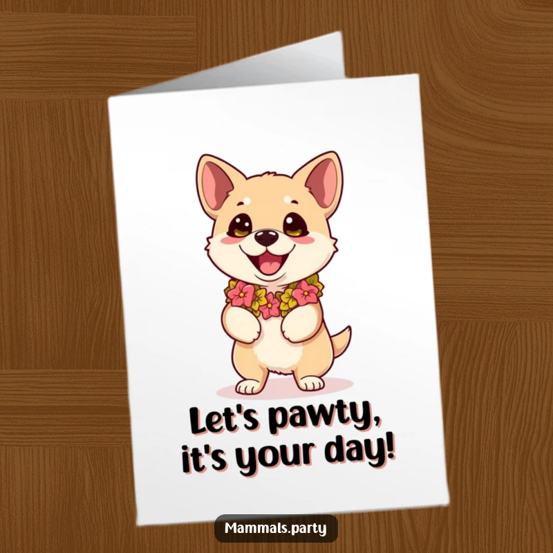 Funny Free Printable Birthday Card: A Kawaii dog in a lei with wide, excited eyes ready to dance.