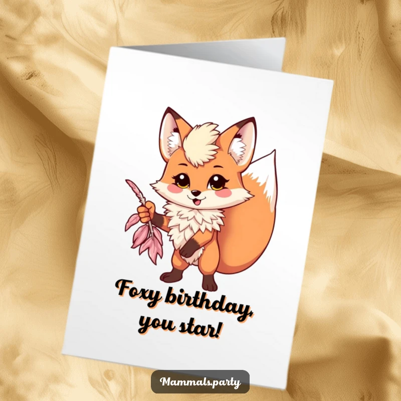 Funny Free Printable Birthday Card: A Kawaii fox in a feather boa strikes a theatrical, dramatic pose.