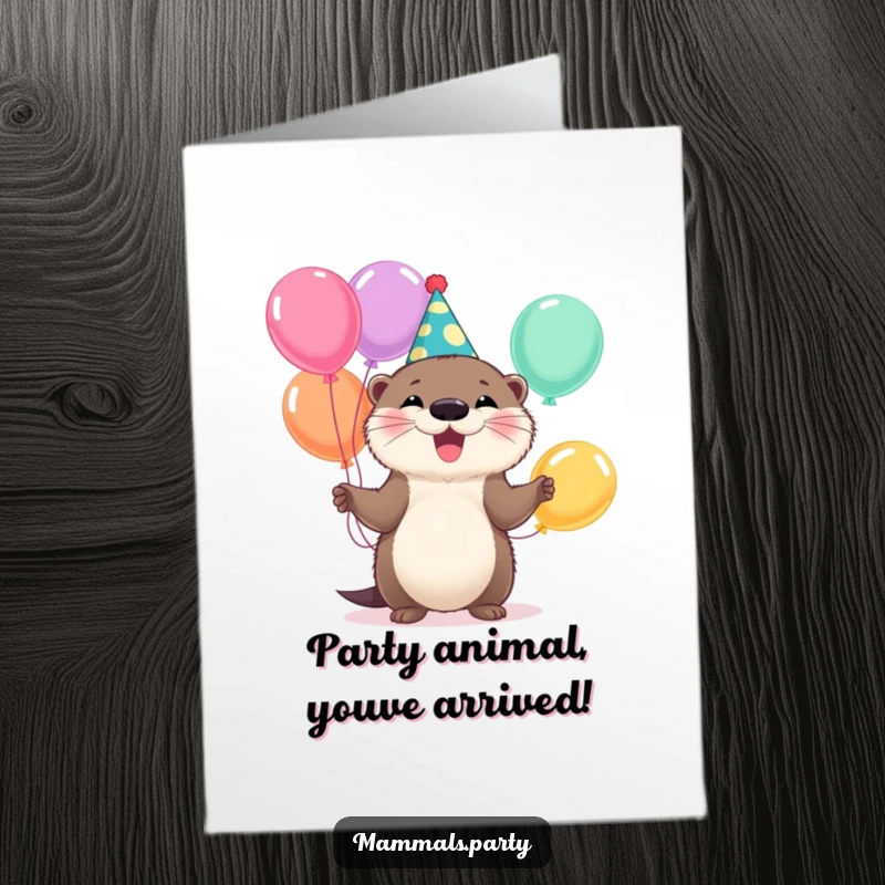 Funny Free Printable Birthday Card: Fluffy otter in party hat juggles balloons, beaming with hilarious birthday cheer.