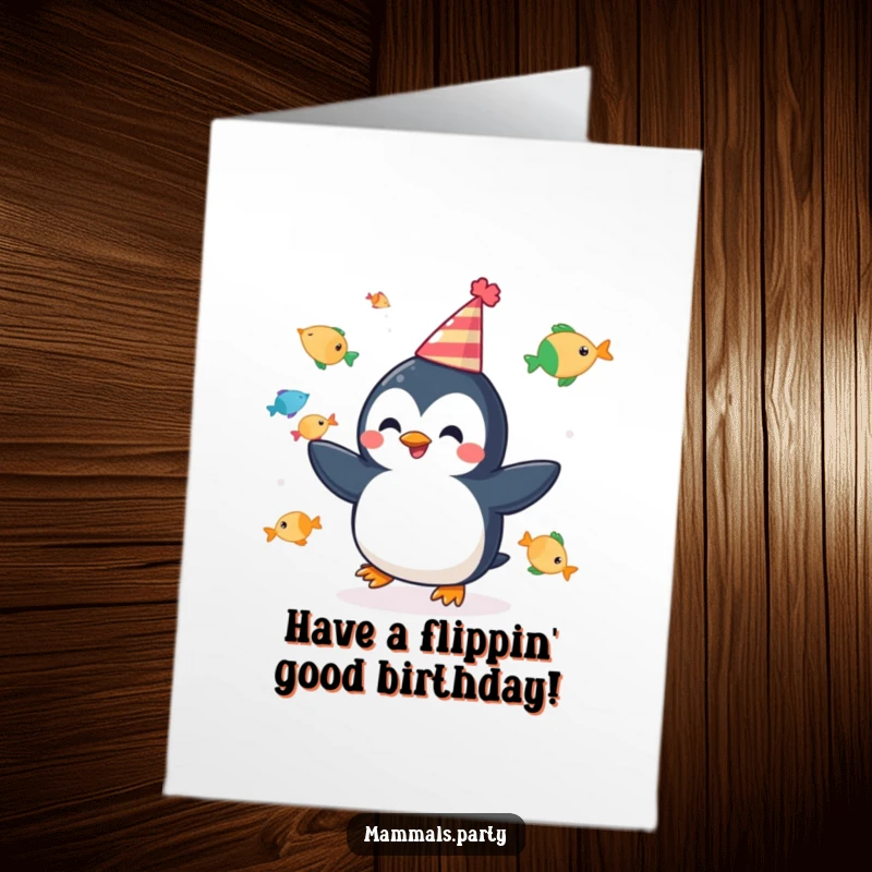 Funny Free Printable Penguin Birthday Card, a cheerful penguin in a party hat juggling colorful fish, festive and amusing.