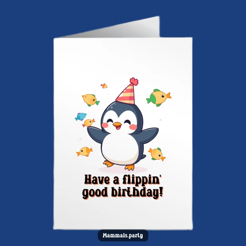 Free Printable Penguin Birthday Card: Juggling Fish Fiesta, Humorous Party Fun, Downloadable Gift