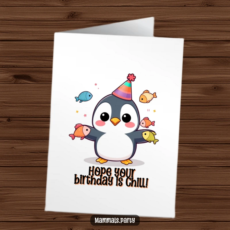 Funny Free Printable Birthday Card: Penguin in Party Hat Juggling Colorful Fish, Having a Festive Birthday Bash.