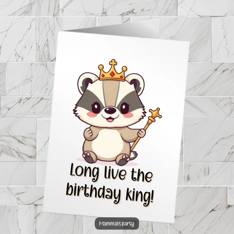 Funny Free Printable Birthday Card: A cute badger adorned with a tiny crown and holding a scepter, looking majestically happy.