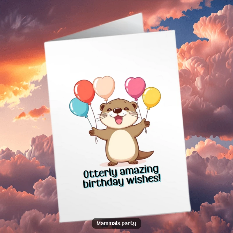 Funny Free Printable Birthday Card: A playful otter skillfully juggling colorful balloons, celebrating a birthday with aquatic antics.