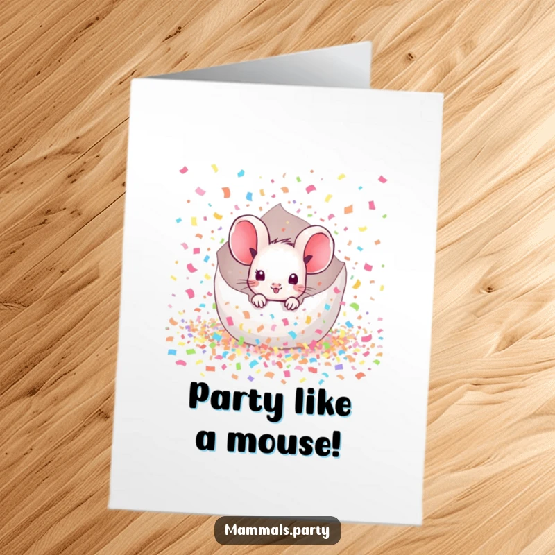 Funny Free Printable Mouse Birthday Card peeking from bursting confetti, a joyous downloadable gift.