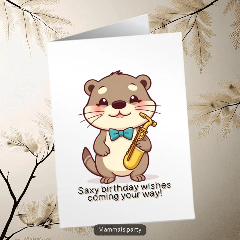 Funny Free Printable Birthday Card with a bowtie-wearing otter playing a saxophone, ready to serenade with humor.