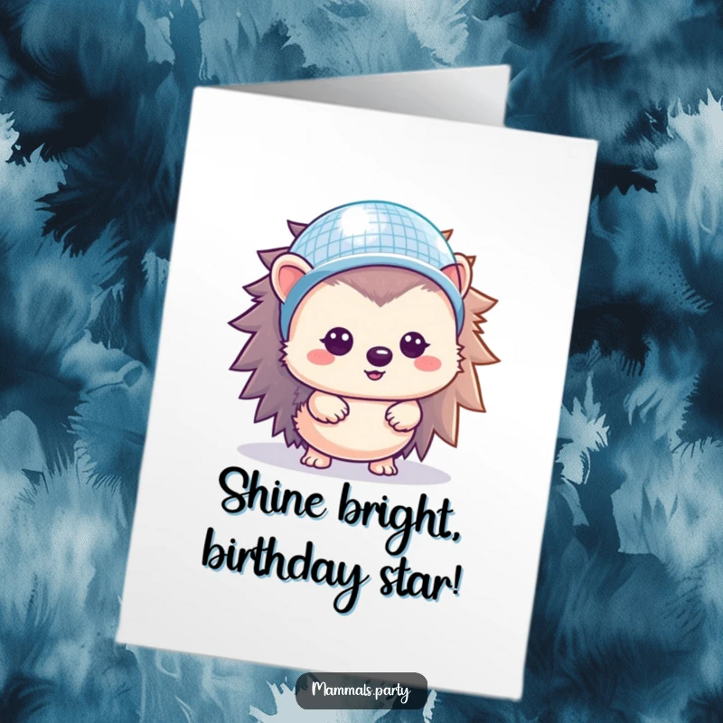 Funny Free Printable Hedgehog Birthday Card with disco helmet shining, ready to party with downloadable art.