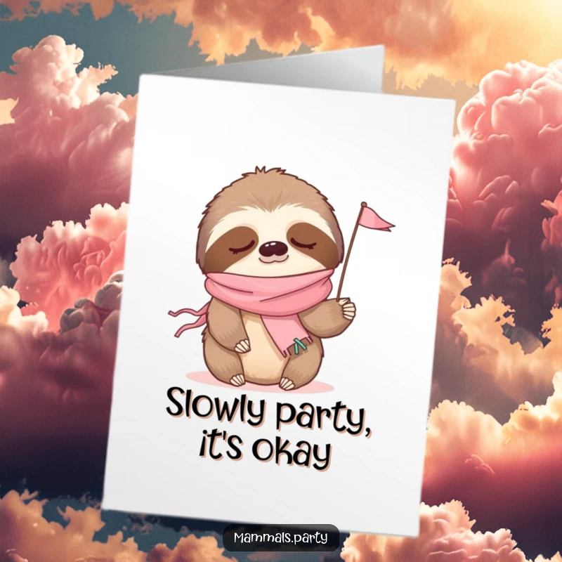 Funny Free Printable Birthday Card: Sleepy sloth draped in a party streamer waves a tiny flag, embodying relaxed birthday cheer.