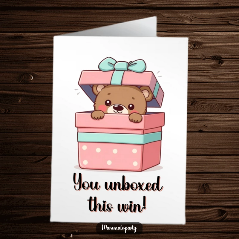 Funny Free Printable Congrats Card: Curious bear cub peeking from a gift box, symbolizing the exciting surprise of their achievements.