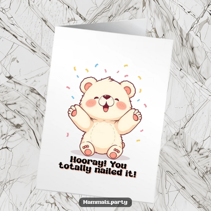 Funny Free Printable Congratulations Card showing a fluffy bear cub tossing confetti upwards with both paws, download now.
