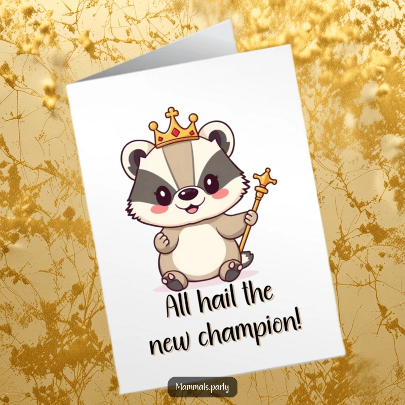 Funny Free Printable Congratulations Card: A cute badger wearing a crown and holding a scepter, issuing a decree of congratulations.