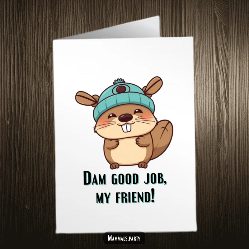 Funny free printable congratulations card with a joyous beaver character sporting a propeller beanie, celebrating success with a cheerful expression, print now.