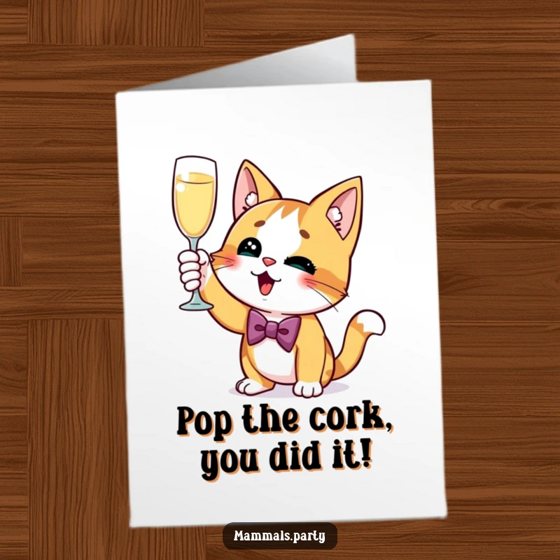 Funny Free Printable Congratulations Card: A charming cat with a bow tie, excitedly toasting with a champagne flute.