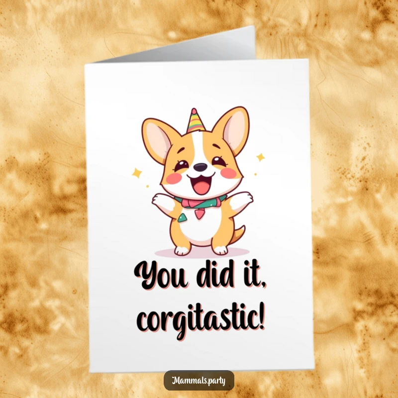 Funny Free Printable Congrats Card: Giggling corgi wearing a party collar doing a silly dance, joyful celebration, downloadable art.