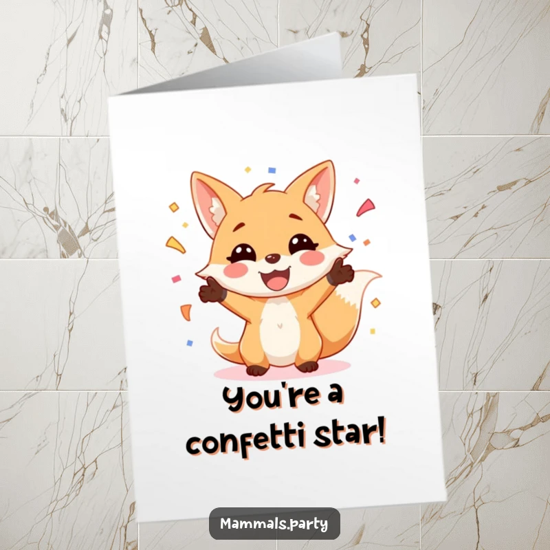 Funny Free Printable Congratulations Card with a smiling fox tossing a cascade of confetti in celebration.